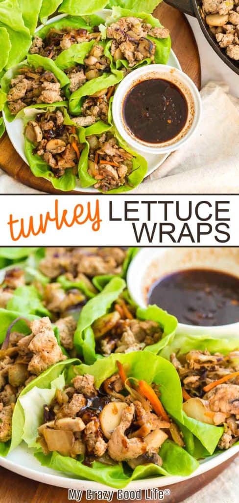 pinnable image with two different angles of turkey lettuce wraps