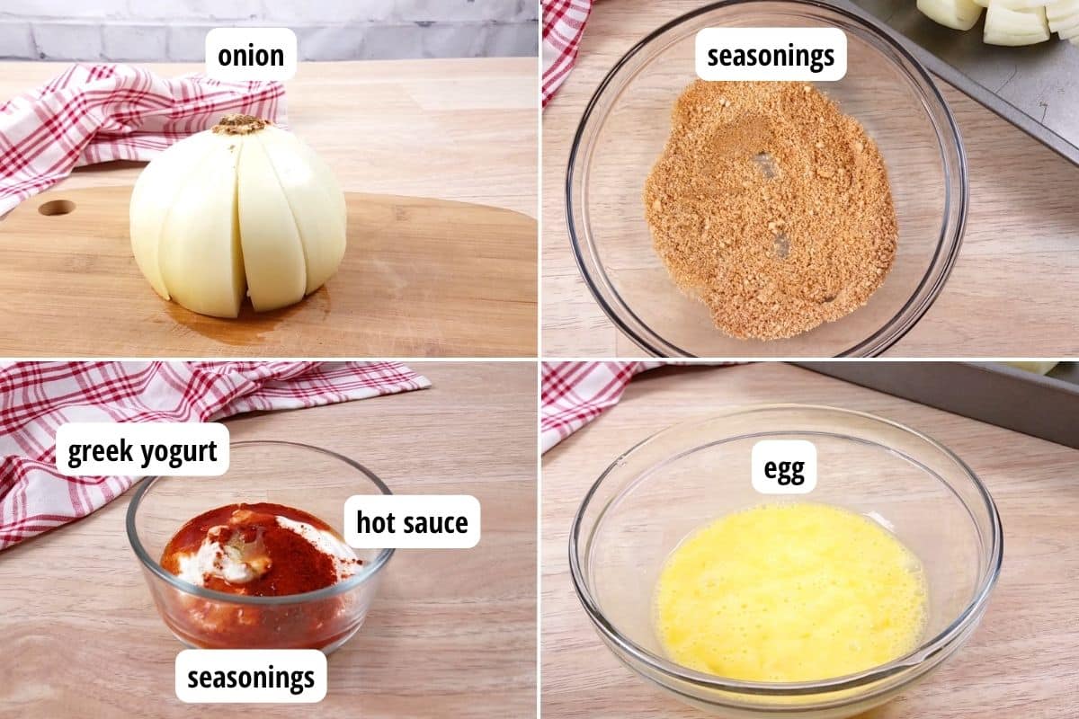 Four images with labels showing an onion that's been cut, a glass bowl with seasonings, a glass bowl with a mixed egg, and another glass bowl with Greek yogurt and seasonings.