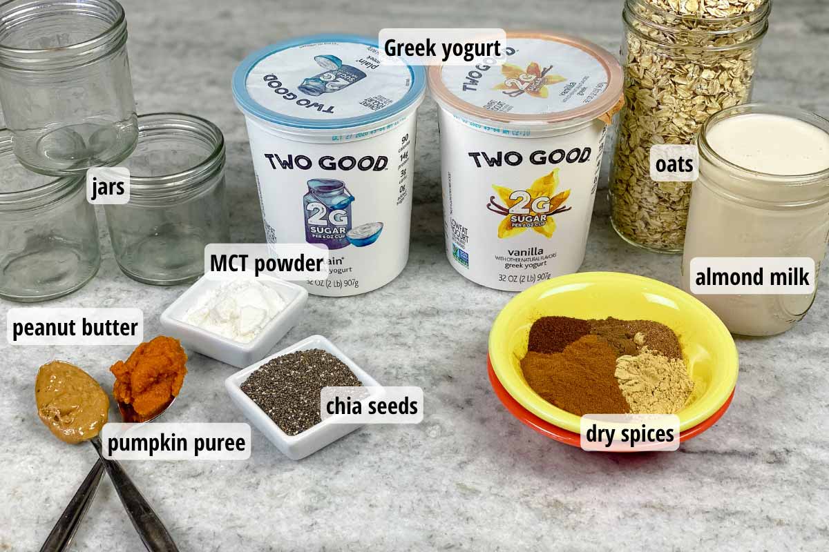 Ingredients needed for Pumpkin Spice Overnight Oats in small bowls or on spoons. 