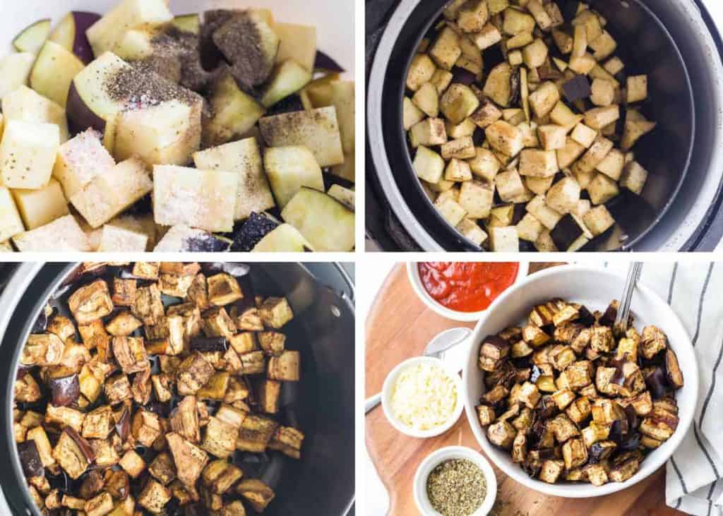 collage of images showing steps to make Healthy Air Fryer Eggplant