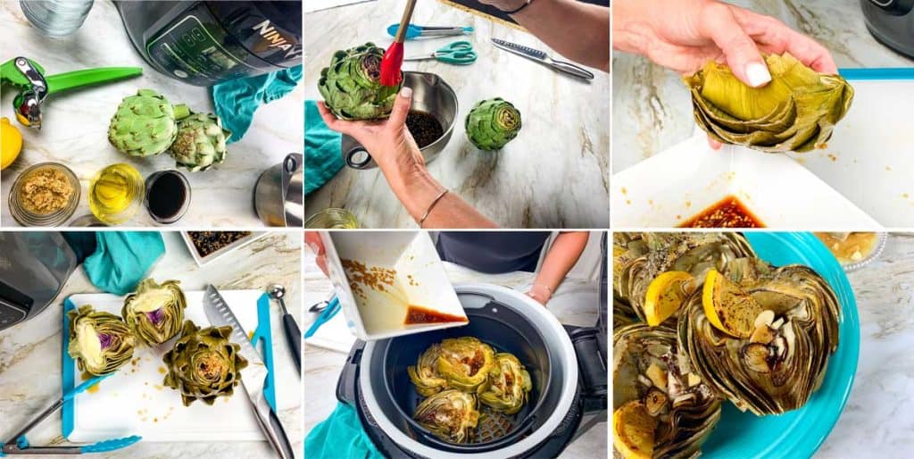 in process collage of how to make air fryer artichokes