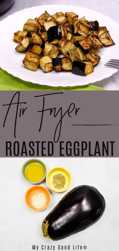 collage of ingredients and finished air fryer eggplant