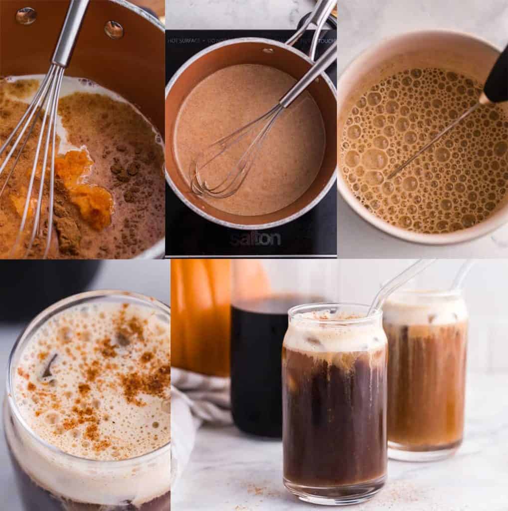 collage with 5 pictures showing the steps to make this healthy pumpkin cold brew with cold foam. 