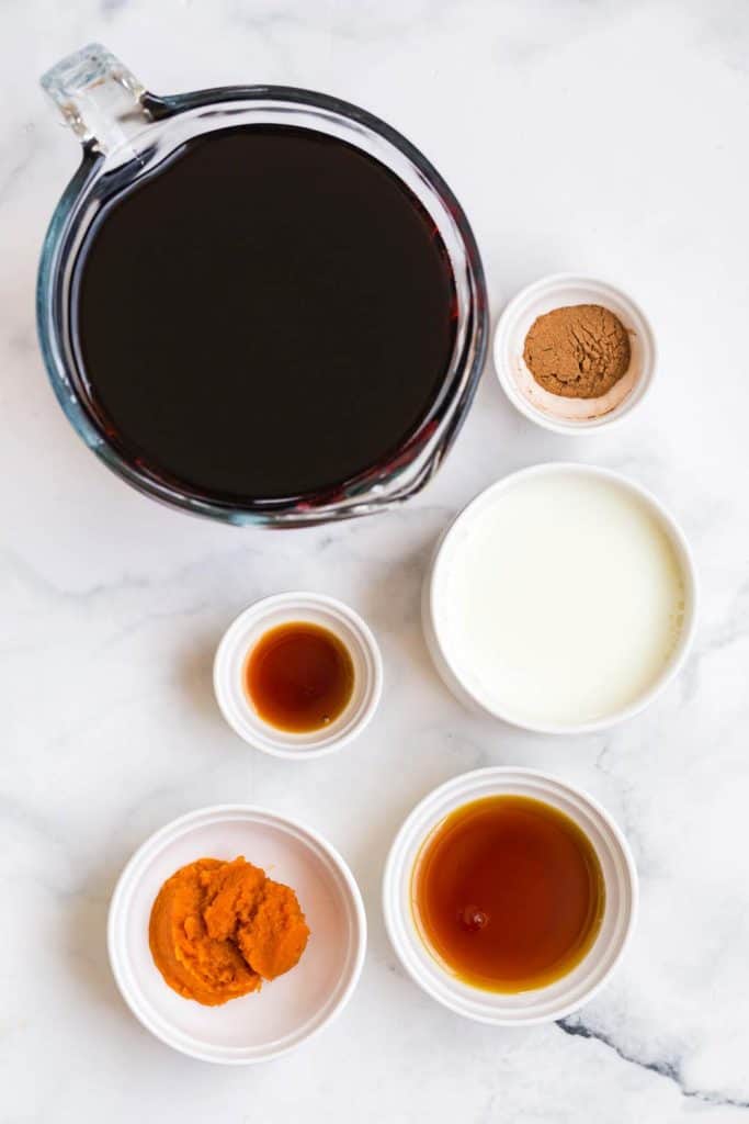top down image of the ingredients needed to make this healthy pumpkin cream cold brew with cold foam
