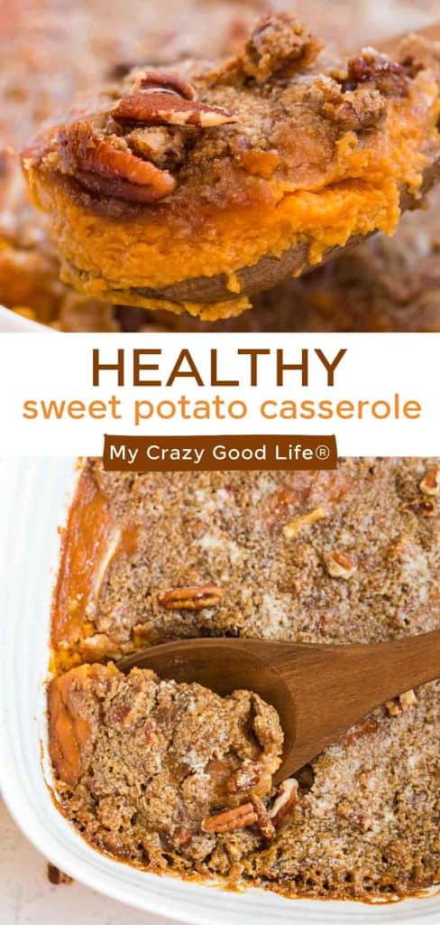 pinnable image with two pictures of sweet potato casserole and text