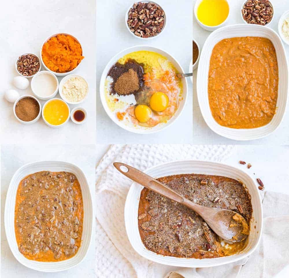 collage of steps to make Healthy Sweet Potato Casserole Recipe