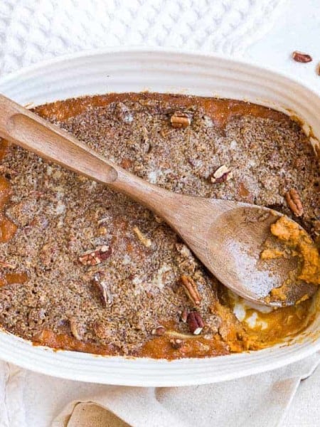 image of Healthy Sweet Potato Casserole in a white casserole dish