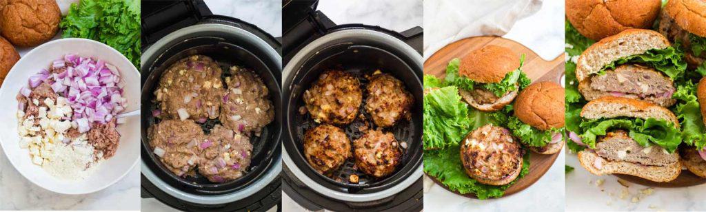 collage showing the steps for how to make these air fryer ranch turkey burgers