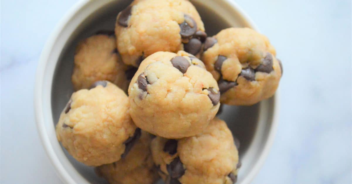 No Bake Tahini Chocolate Chip Balls in a bowl.