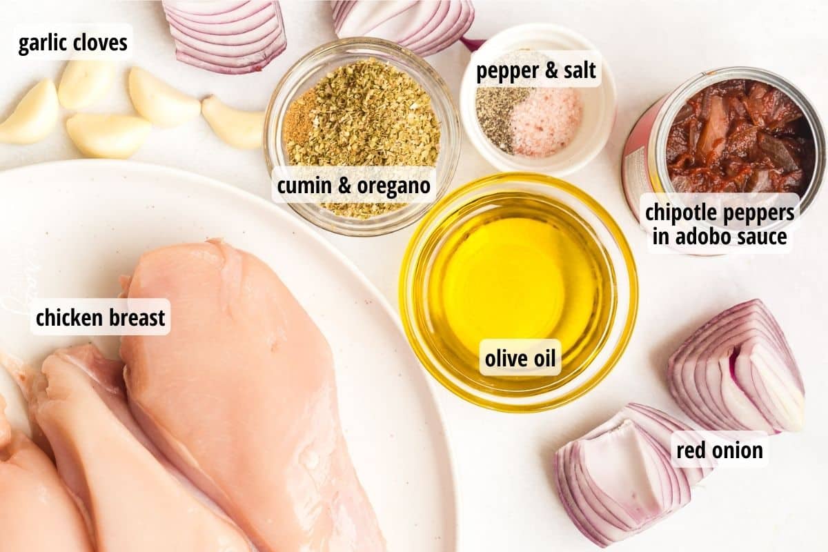 Labeled ingredients on plates and in bowls on top of a white counter.