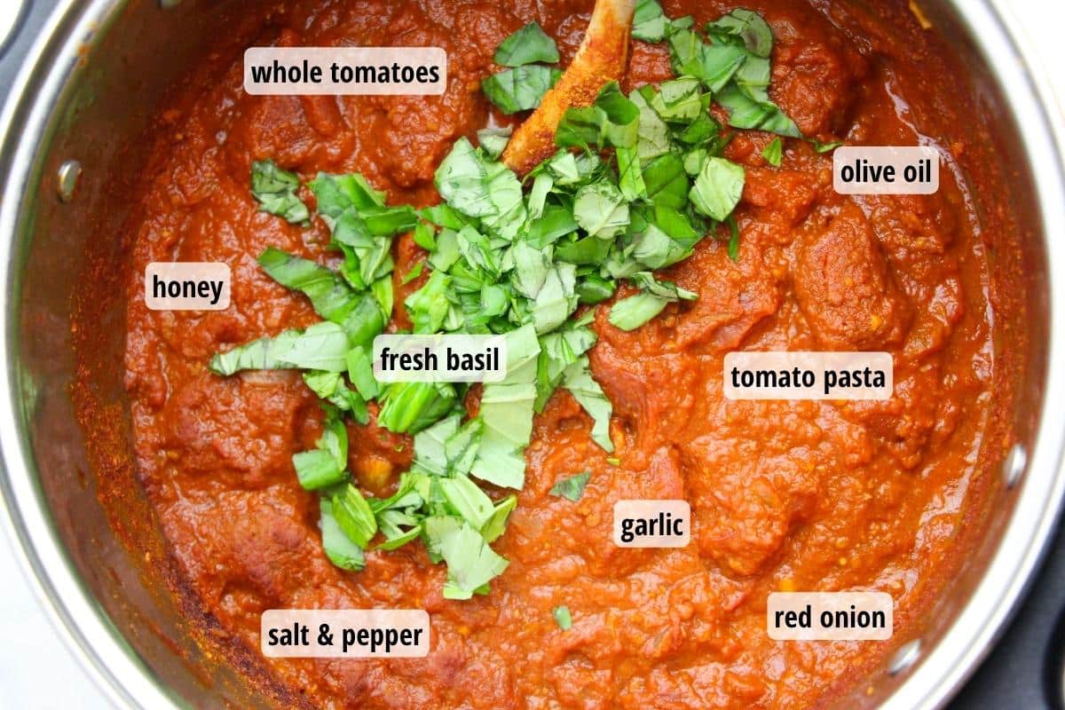 A saucepan with spaghetti sauce and chopped fresh basil with labels of ingredients that are in the sauce.