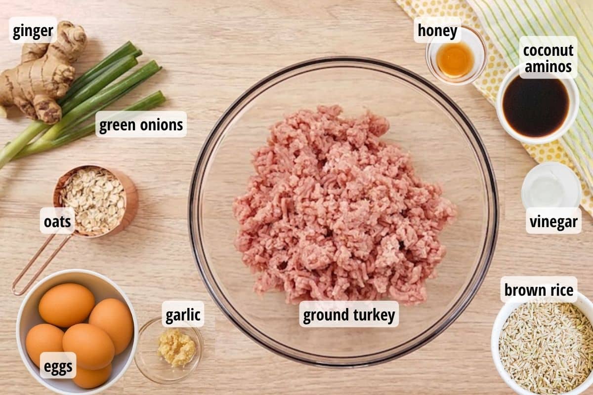 A light wood colored counter top with labeled ingredients needed to make Turkey Teriyaki Meatballs.