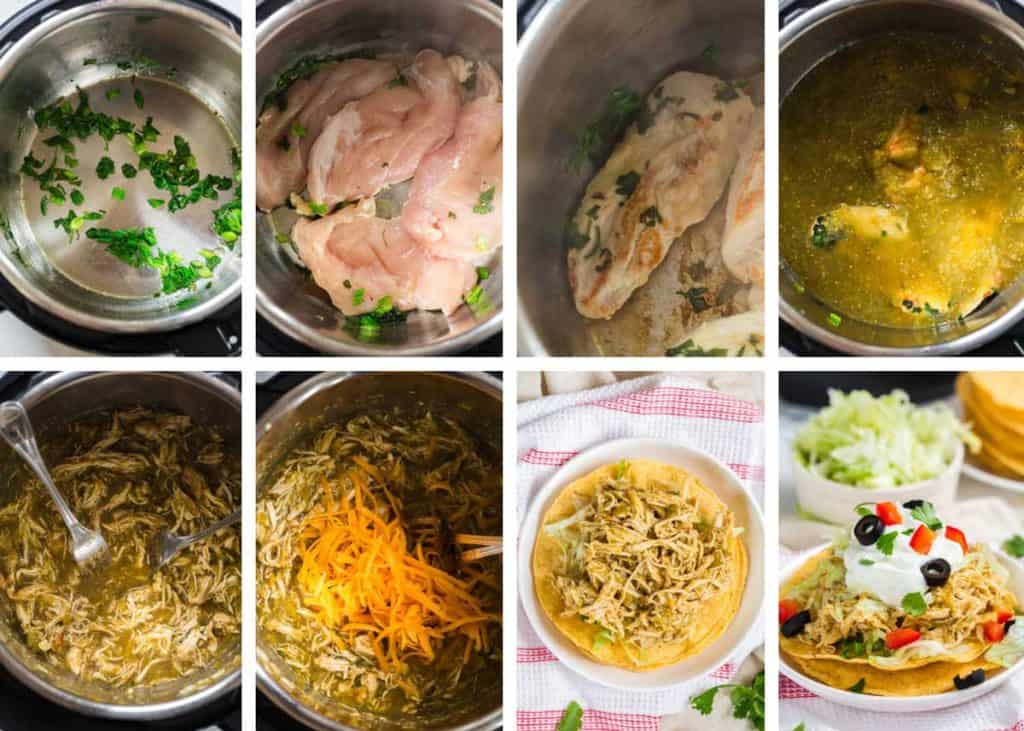 collage of 8 steps showing how to make Green Chili Chicken in the Instant Pot