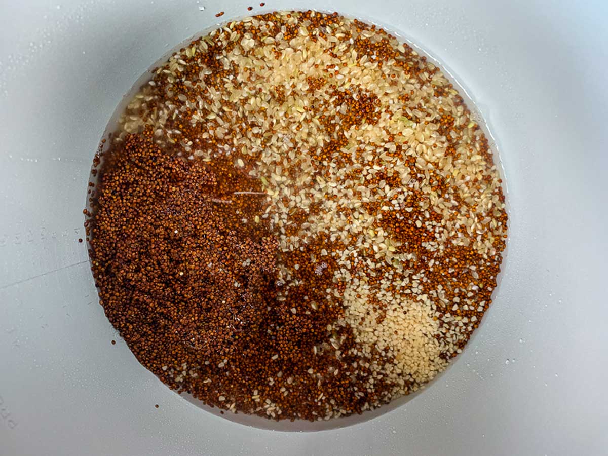 Instant pot with water, red quinoa, brown rice, minced garlic, and olive oil.