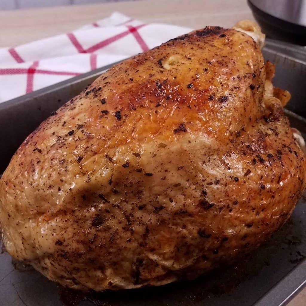 Browned skin on a turkey breast that was just cooked in the Instant Pot.