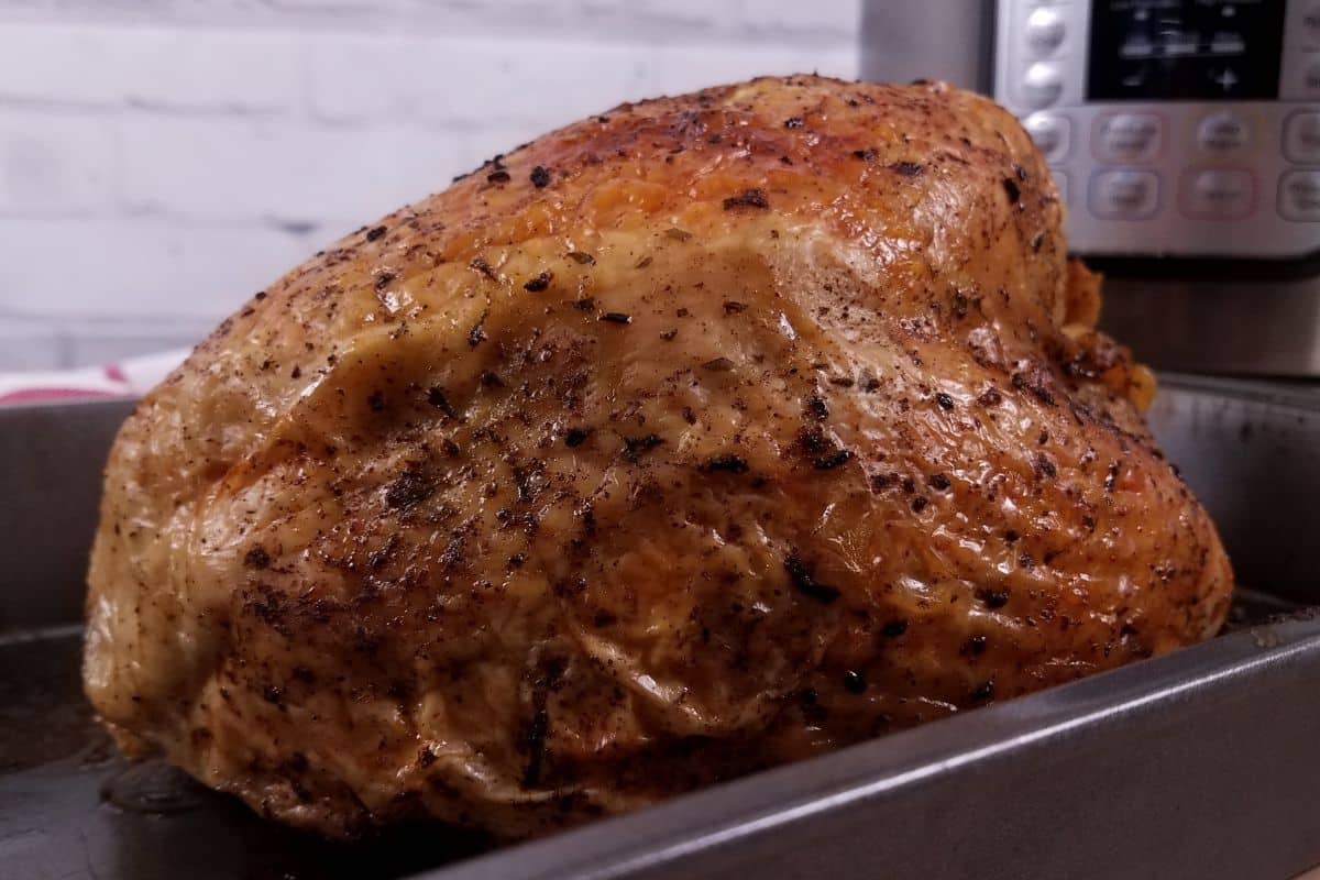 Browned skin on a turkey breast that was just cooked in the Instant Pot.