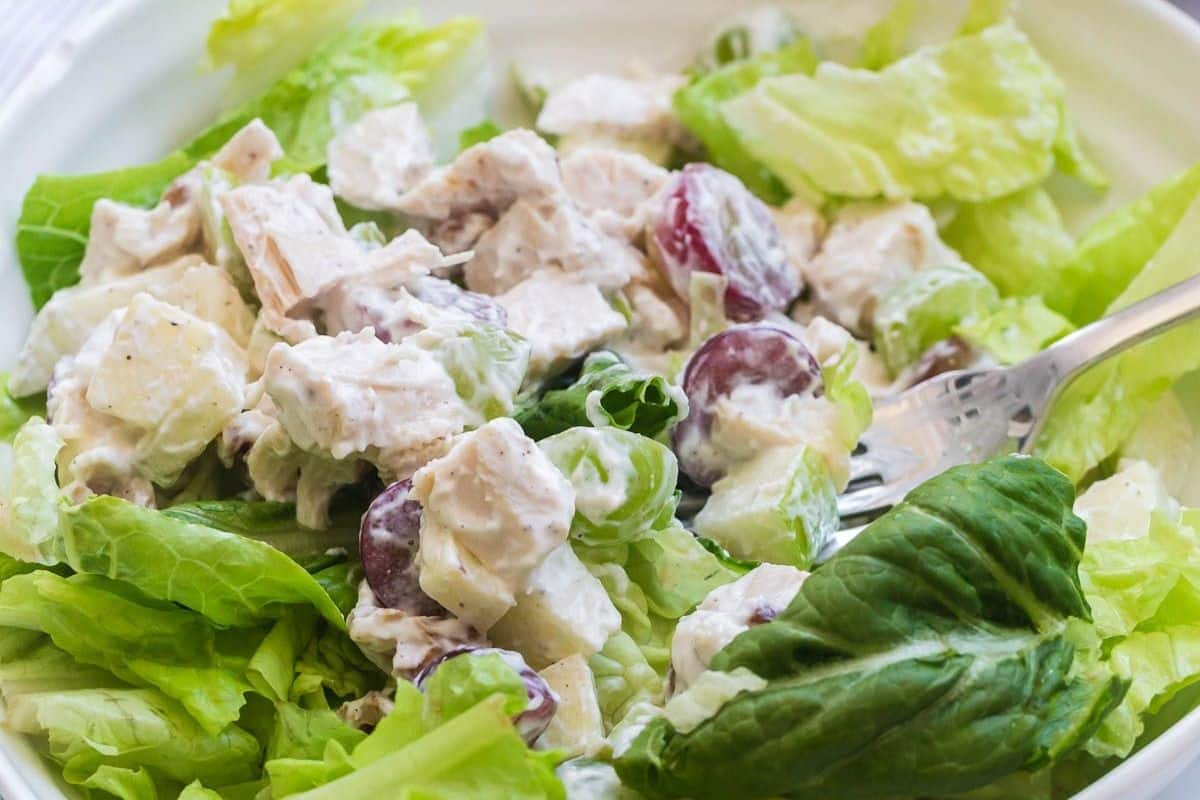 A bed of lettuce topped with a creamy chicken and grape salad mixture.