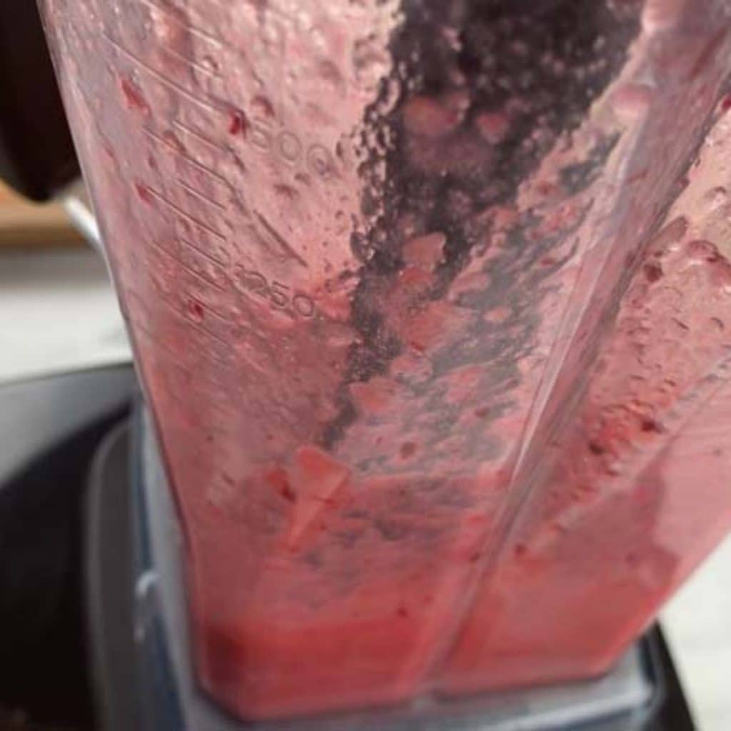 Close up view of a blender that has blended together cherries, watermelon and honey.