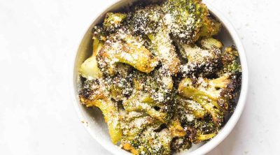 bowl of air fryer broccoli shot front overhead