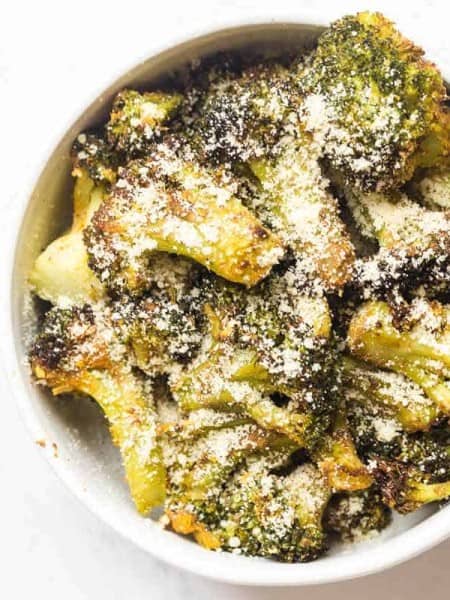 bowl of air fryer broccoli shot front overhead