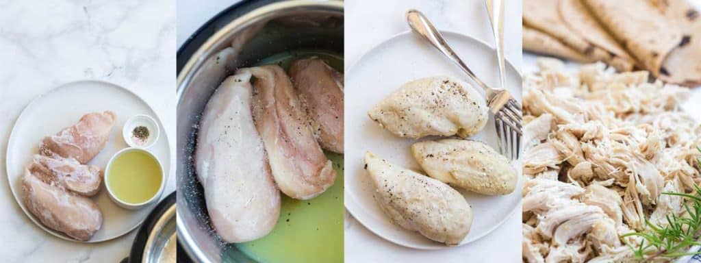 collage showing the steps to making frozen chicken breasts in the instant pot
