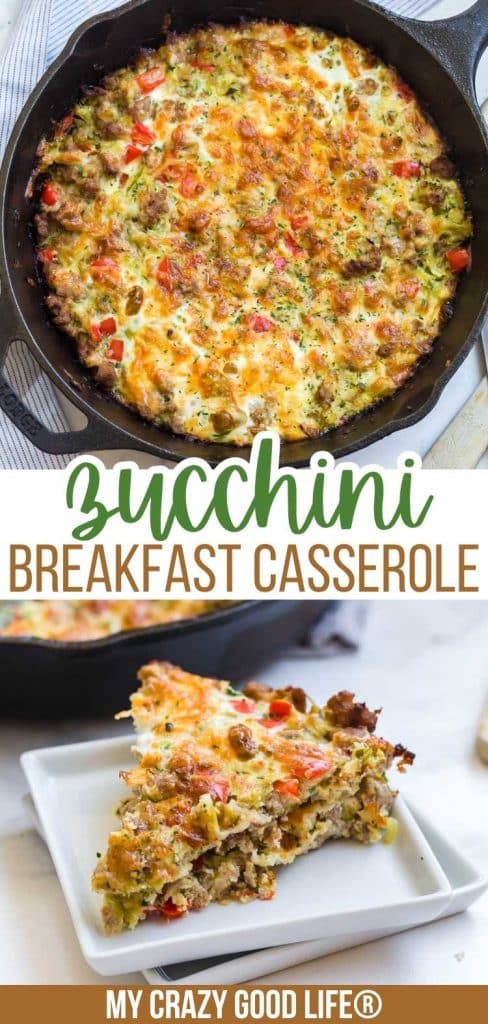 two images of zucchini breakfast casserole skillet with text of recipe name for pinterest