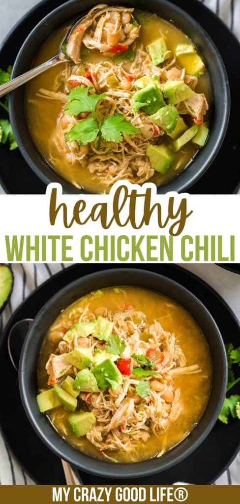 text and two images of white chicken chili in a black bowl topped with cilantro and avocado
