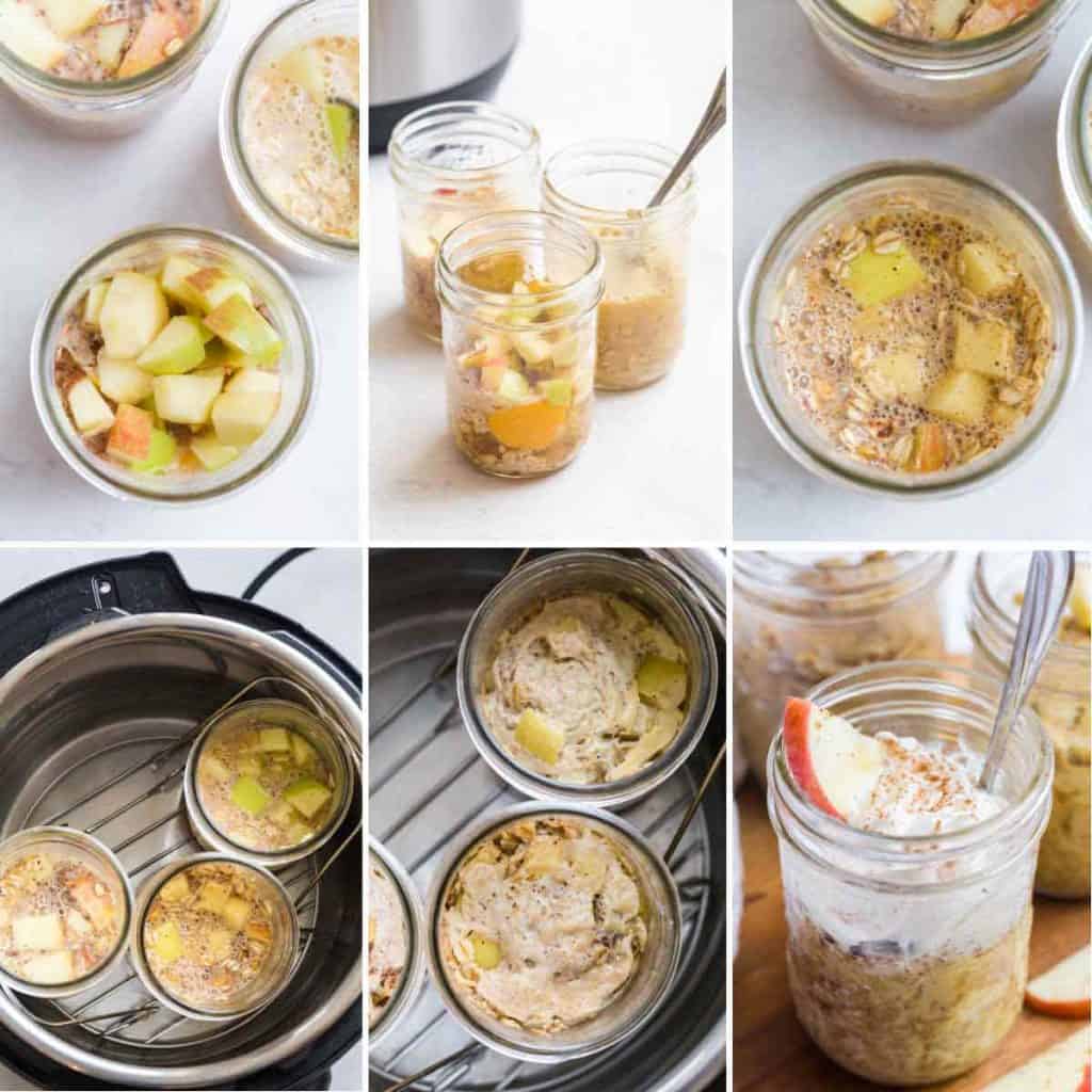 collage of images showing steps to make Instant Pot Baked Apple Cinnamon Oatmeal