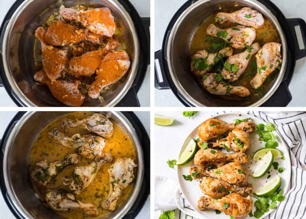 four different images of the cooking process to make chicken drumsticks in the Instant Pot.
