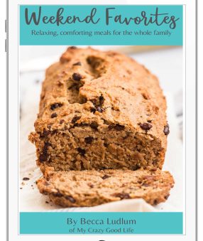 sliced banana bread with chocolate chip and text with book title and author info set on an ipad cover