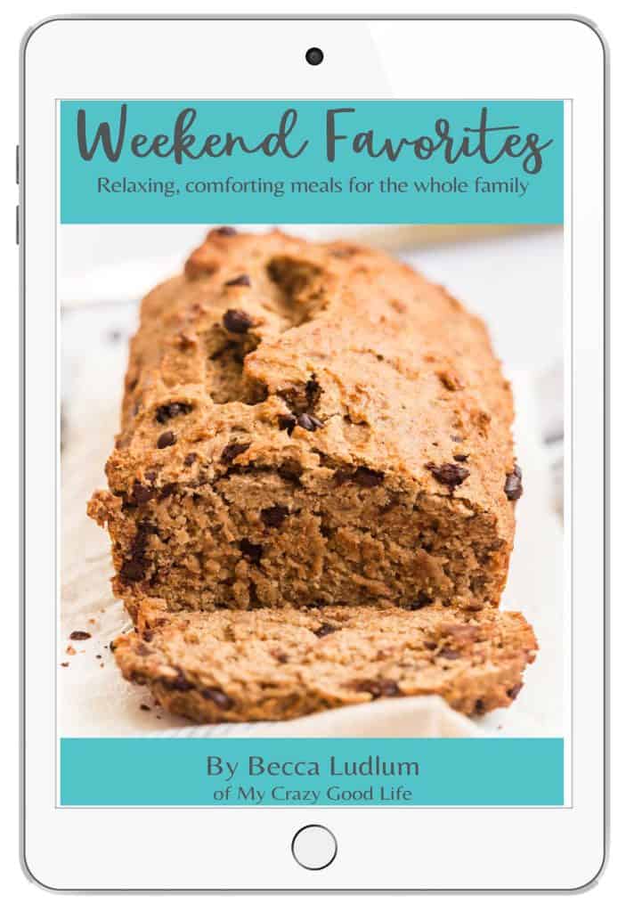 sliced banana bread with chocolate chip and text with book title and author info set on an ipad cover