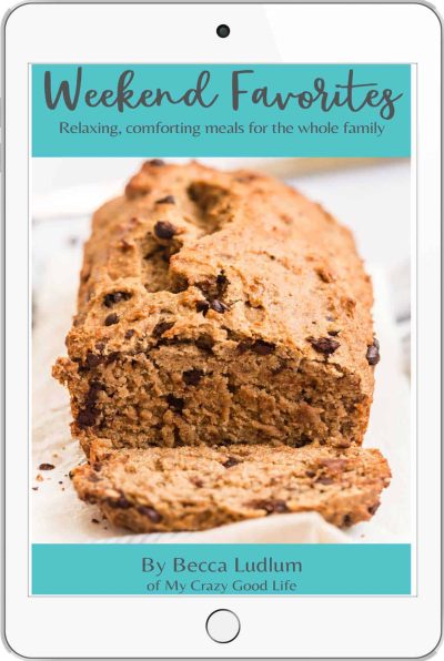 sliced banana bread with chocolate chip and text with book title and author info set on an ipad cover