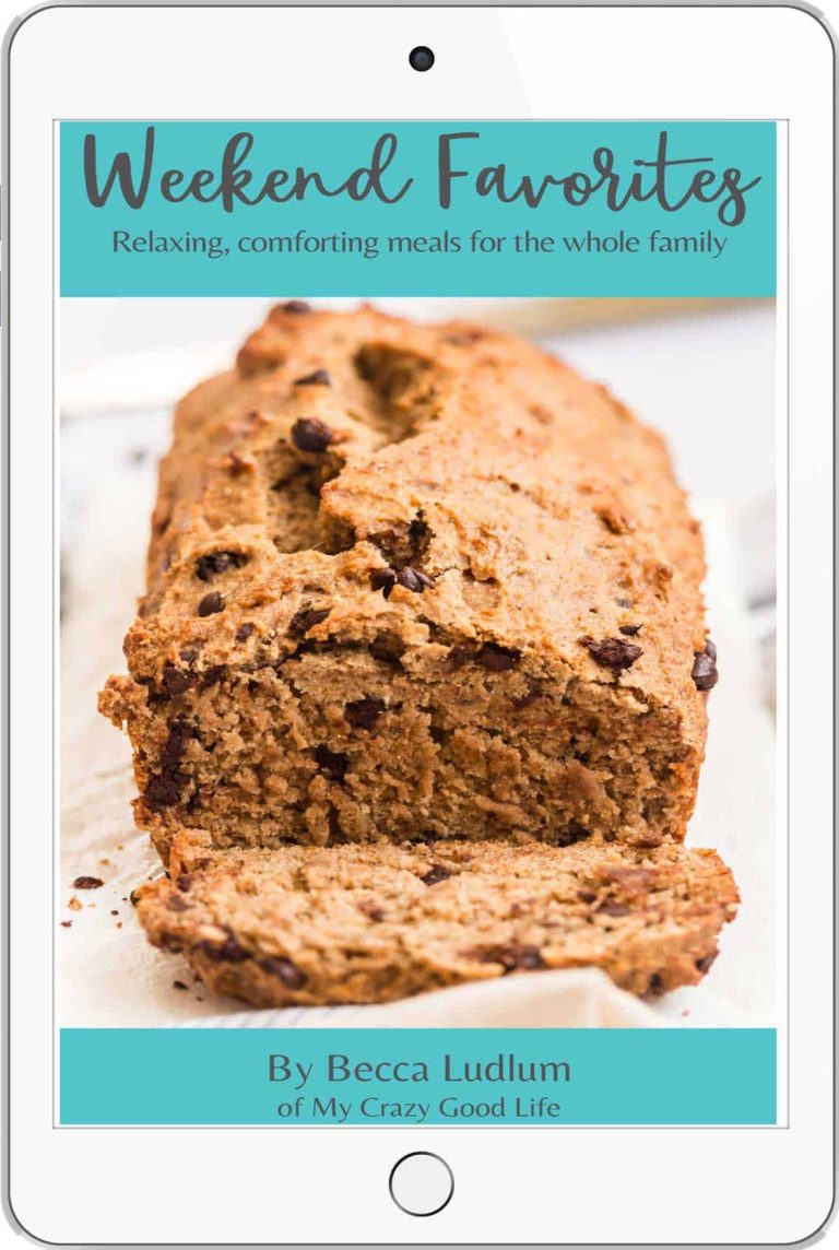 sliced banana bread with chocolate chip and text with book title and author info set on an ipad cover