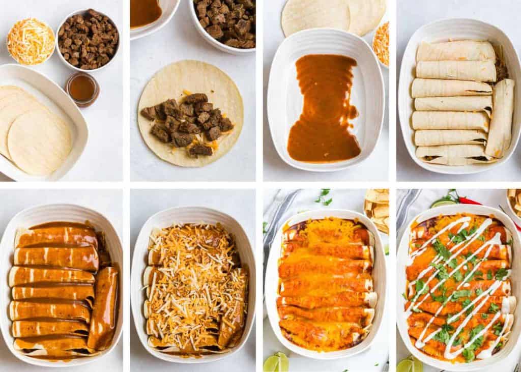 collage of images showing steps to make healthy carne asada enchiladas