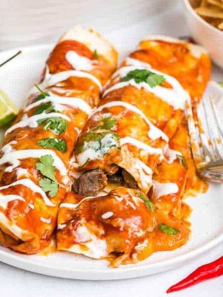 white plate with two Healthy Carne Asada Enchiladas