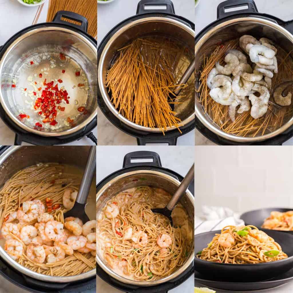 collage of images showing steps to make Bang Bang Shrimp Pasta
