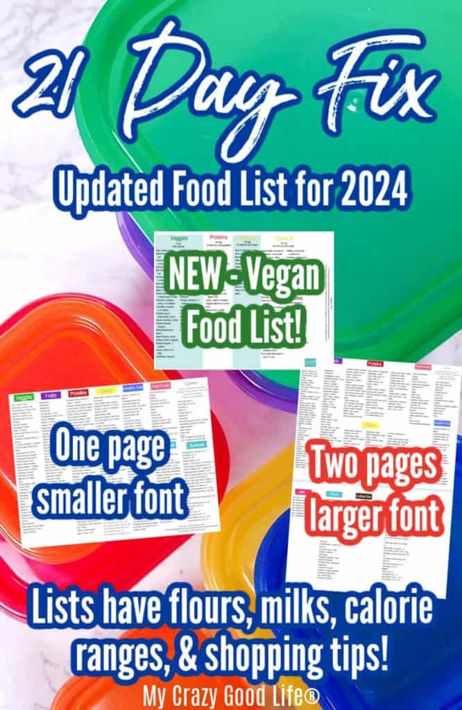 colored containers in the background with blue and white text that says 21 day fix updated food list 2024. Small images of the three printables as well as features of the lists featured at the bottom.