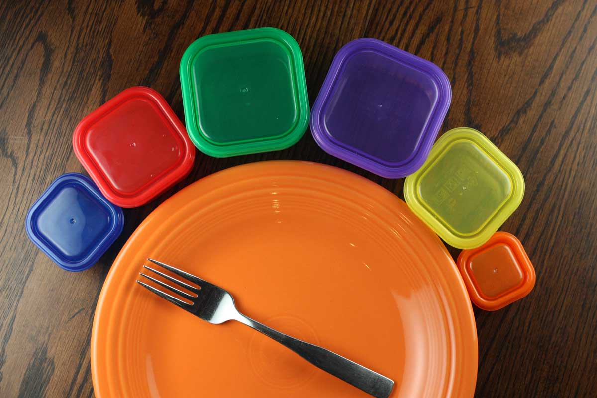 Orange plate on a wood tabletop. The plate has all 6 21 Day Fix containers around it, and a fork resting on it.
