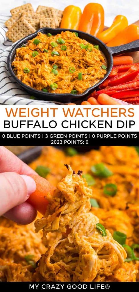 two images and text of Weight Watchers Buffalo Chicken Dip for pinterest