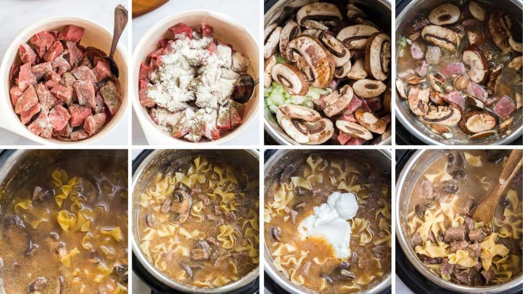 collage of eight images showing instant pot cooking steps to make beef stroganoff