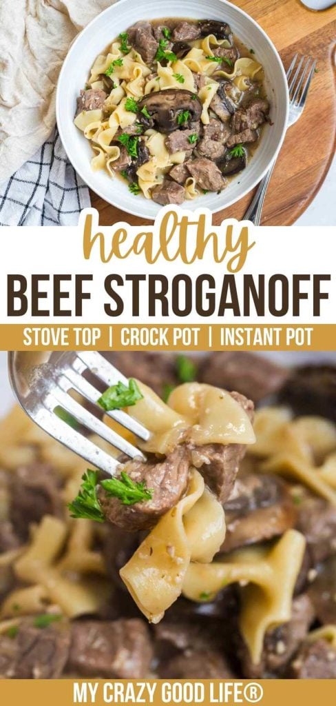 two images and text of healthy beef stroganoff for pinterest