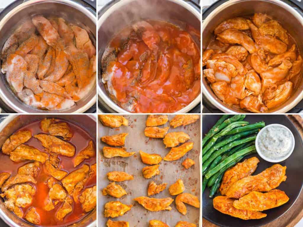 collage of images showing steps to make Instant Pot Buffalo Chicken Bites