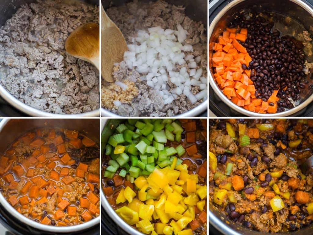 collage of six images showing steps to make sweet potato chili in the instant pot.