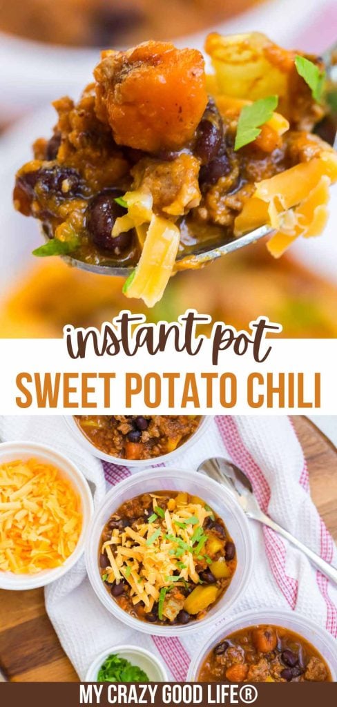 two images showing close up of spoon full of sweet potato chili and bowl of cheese topped sweet potato chili.