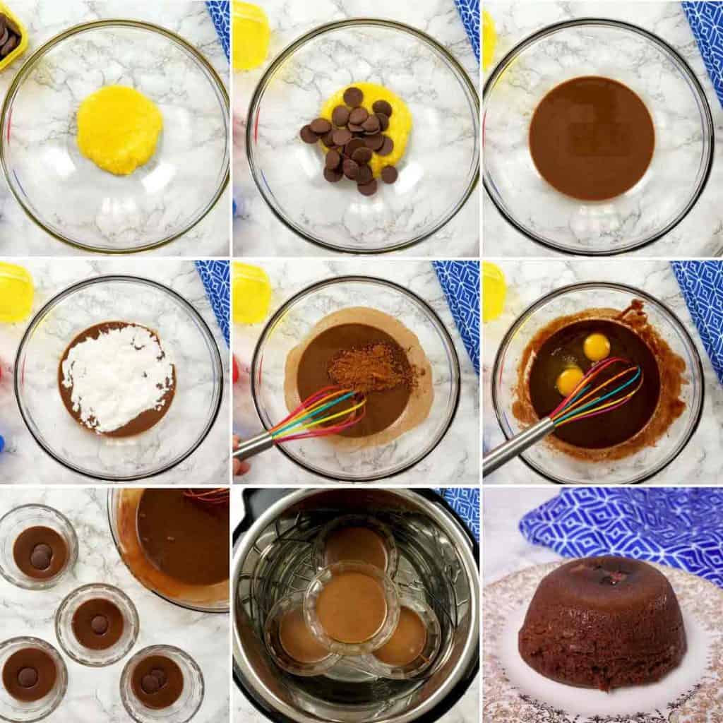 collage of images showing steps to make Instant Pot Lava Cake