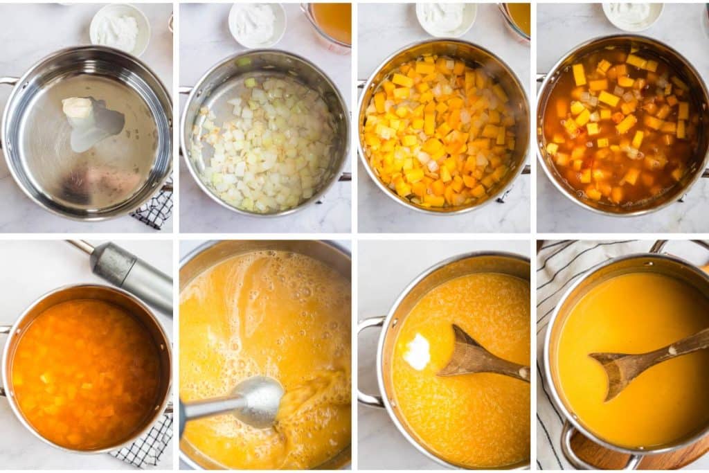 collage of 8 images showing steps to make butternut squash soup