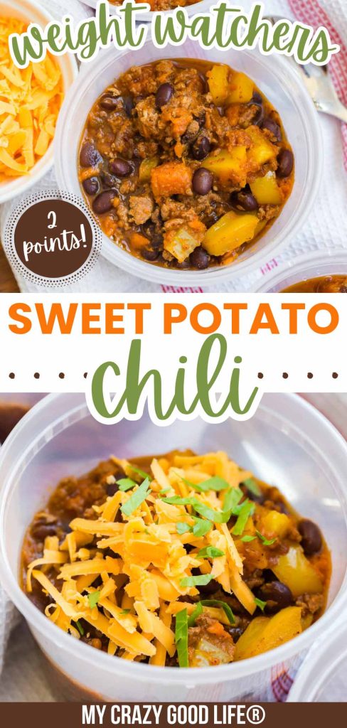 images with text of sweet potato chili in meal prep container for pinterest