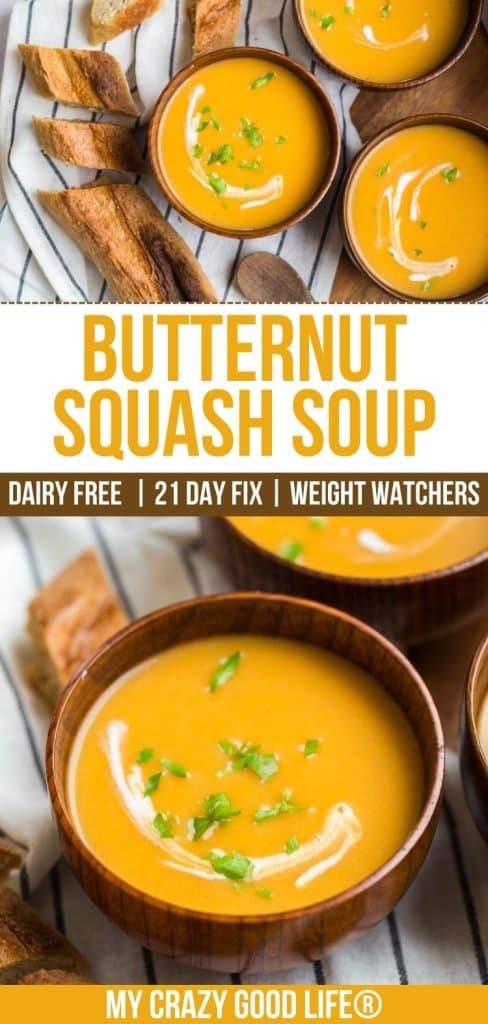 two different images of butternut squash soup in wooden bowls with bread on the side. Text showing recipe title