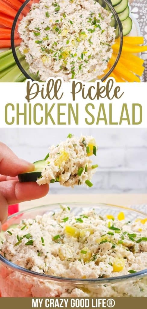 images of chicken salad in glass bowl with veggies surrounding and text for pinterest