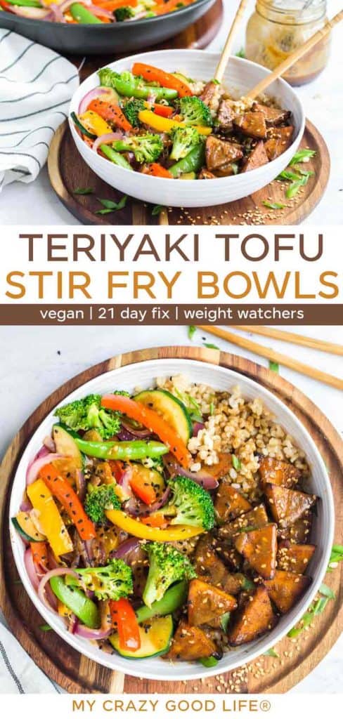 images and text of Teriyaki tofu stir fry bowls with coconut rice for pinterest